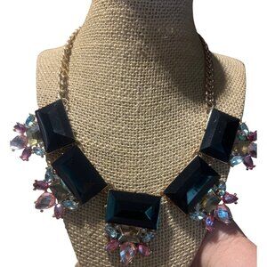 Gold Tone Cuban Flat Chain Statement Necklace Bib Rhinestone Black Pink Blue 21"